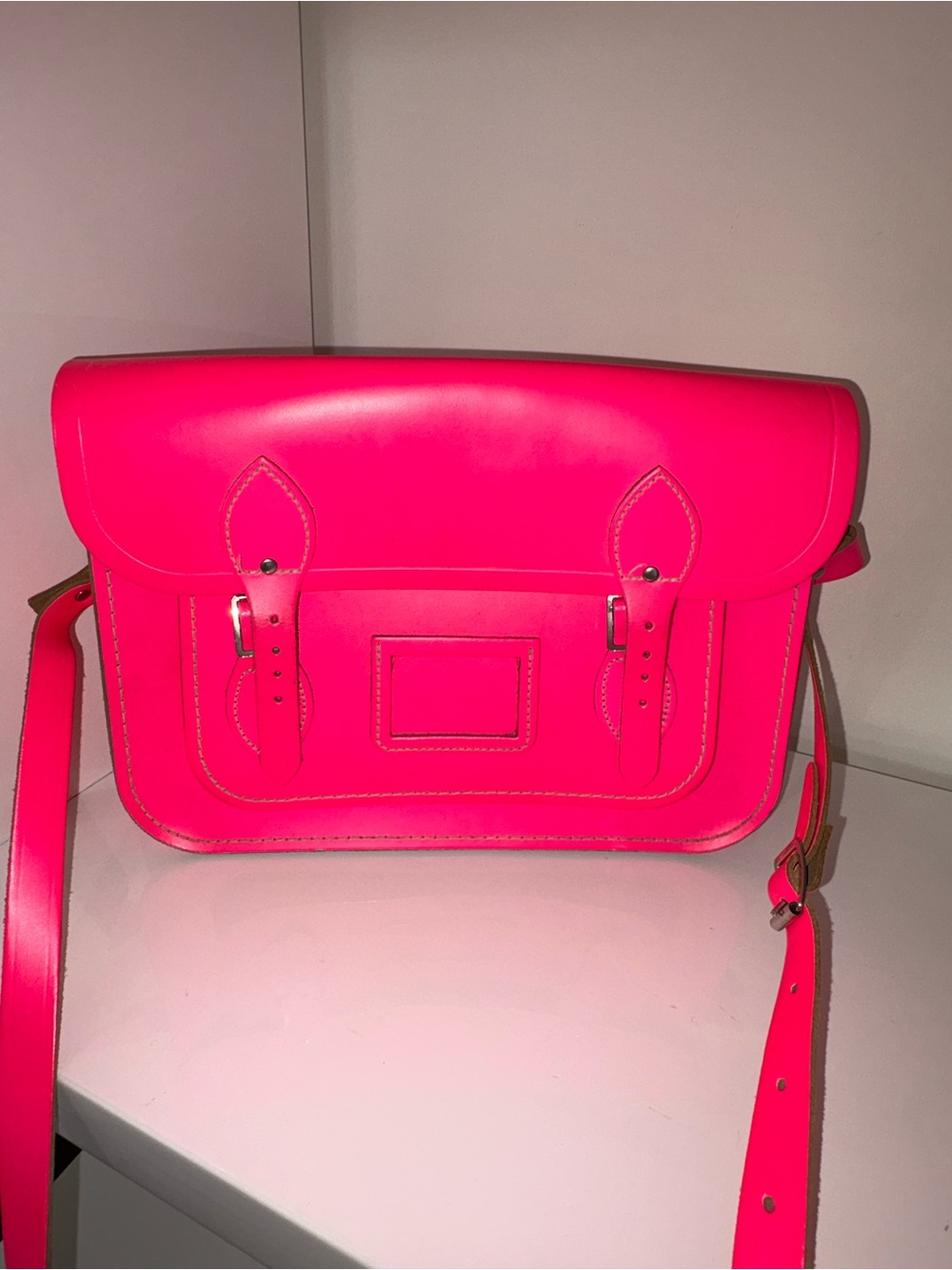 Neon Pink Leather Cambridge Satchel Crossbody Bag
